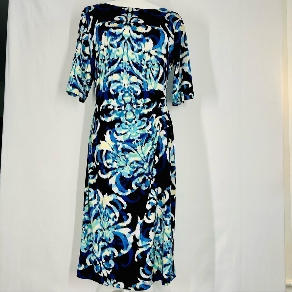 Connected Apparel Multicolor Round Neck Ruched Waist Stretch Sheath Dress Sz 12